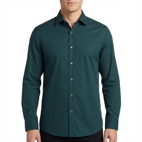 Kenneth Cole Polka Dot Button Down Shirt Mens XXL Green Non-Iron Preppy Career - Picture 1 of 5